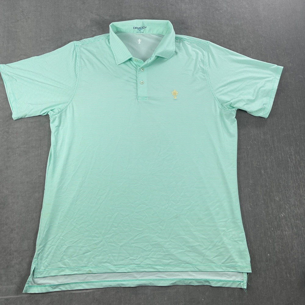 B. Draddy Mens XL Mint Green Striped Sport Polo Trophy Logo Golf Shirt